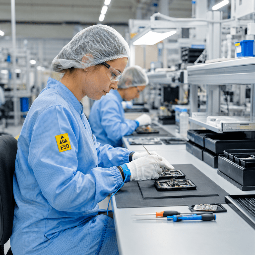 Focused technician in cleanroom lab